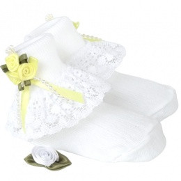 Girls White Lace Socks with Lemon Rosebud Cluster